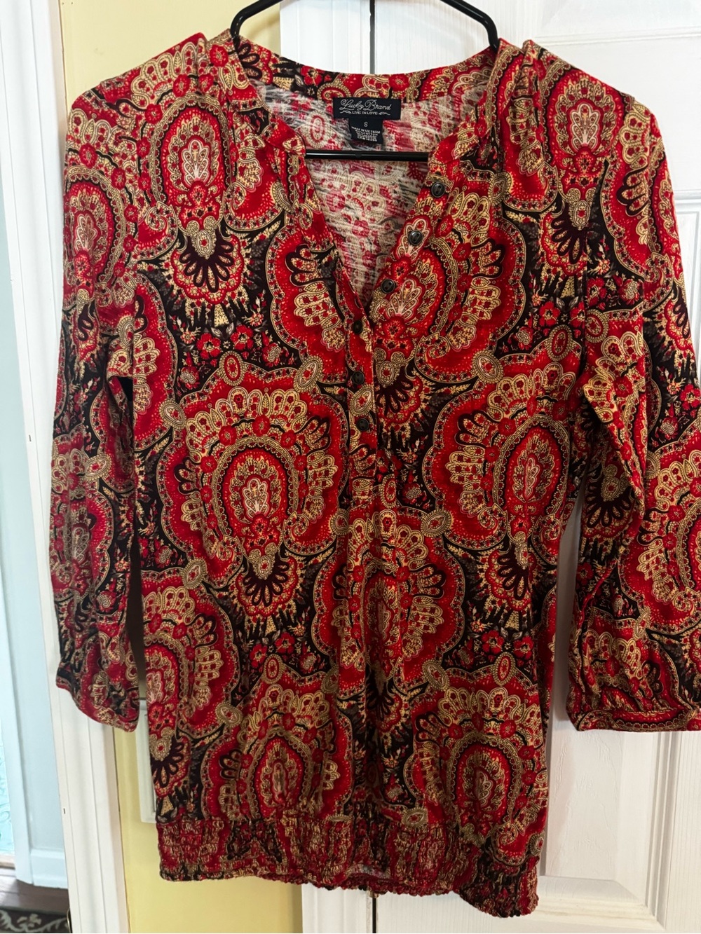 Lucky Brand Made in Love Red Paisley Boho Tunic Top Size Small